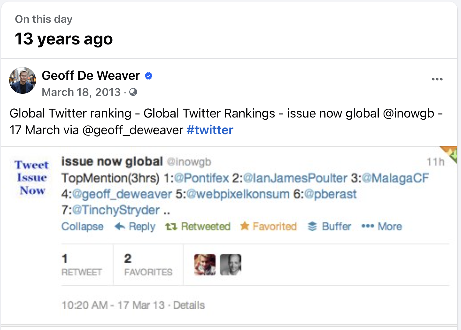 2013 Global Twitter Ranking Dominance — Geoff De Weaver ranked #4 worldwide