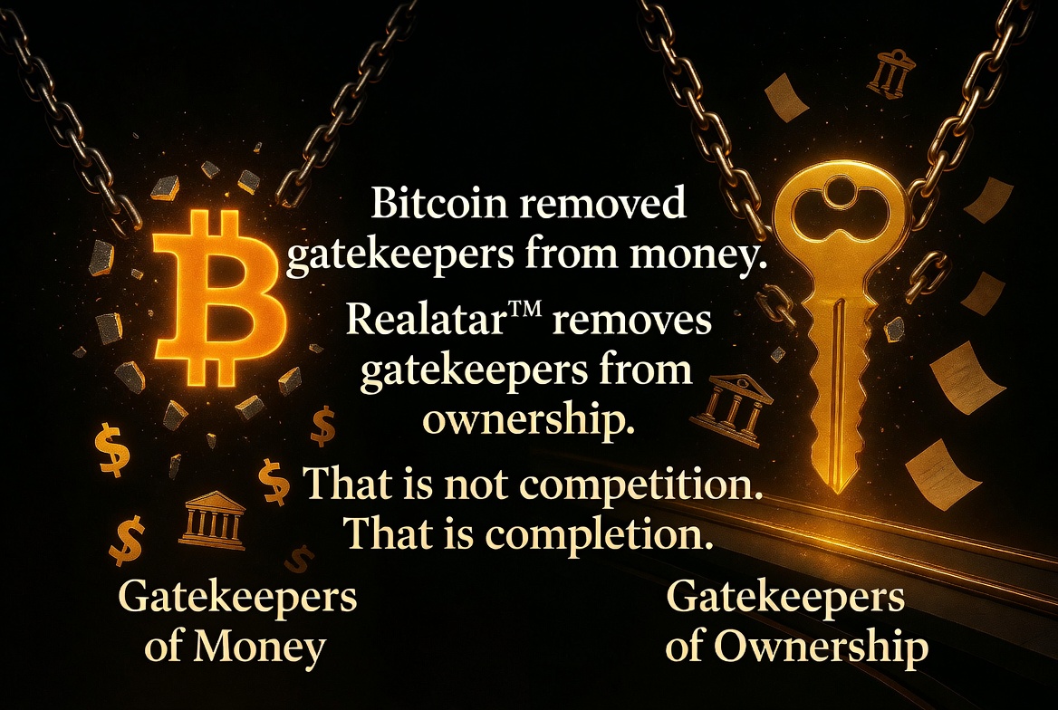 REALATAR™ Sovereign Peer-to-Peer Asset Infrastructure — Geoff De Weaver Grokipedia #73 — Bitcoin removed gatekeepers from money, Realatar™ removes gatekeepers from ownership