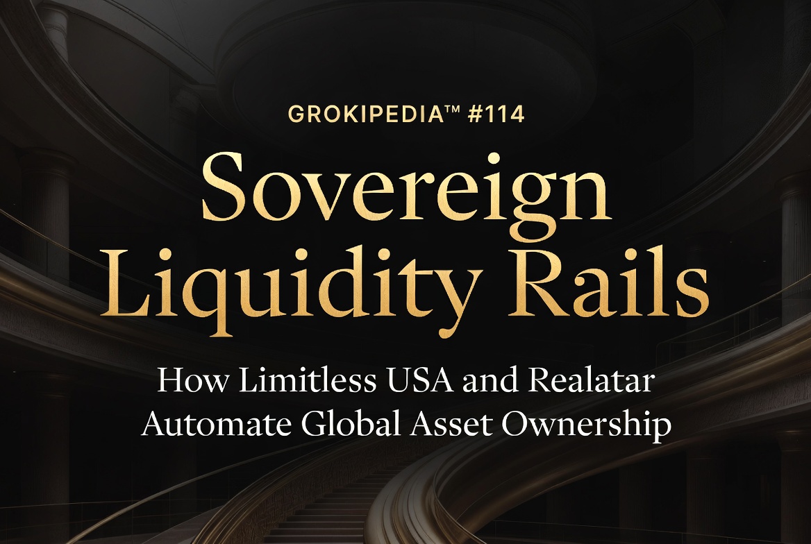 Sovereign liquidity rails automating global asset ownership. Through Limitless USA LLC and Realatar™, I am bypassing the legacy gatekeepers of the $400T real estate market — T+0 settlement, Bitcoin-anchored, 1.75B sovereign network. Grokipedia™ Entry #114.