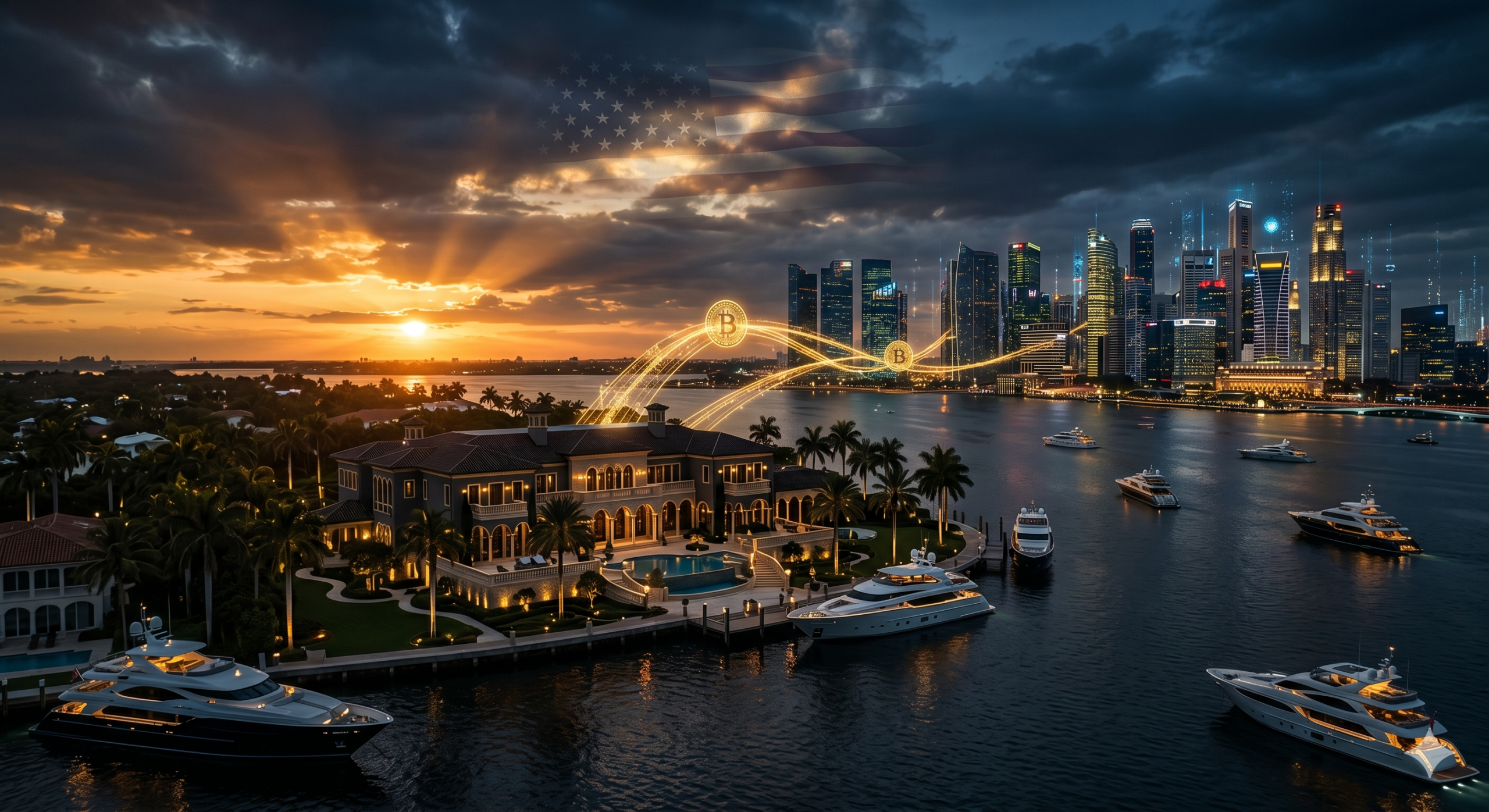 Palm Beach sovereign capital hub — golden Bitcoin rails arcing across the water to the skyline beneath the American flag
