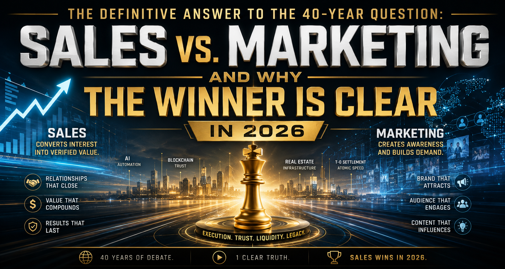 Marketing creates conviction. Sales converts conviction. Infrastructure compounds conviction into liquidity.