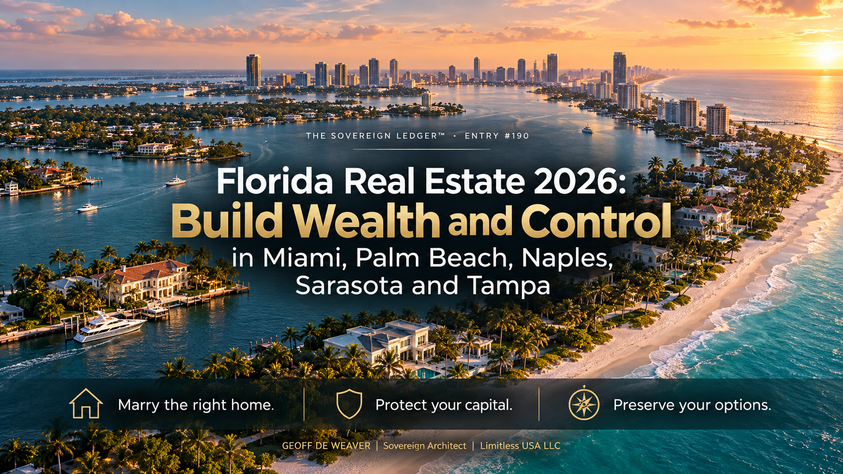 The Sovereign Ledger Entry 190: Florida Real Estate 2026: Build Wealth and Control in Miami, Palm Beach, Naples, Sarasota and Tampa. Aerial view of the Florida coast at sunrise.