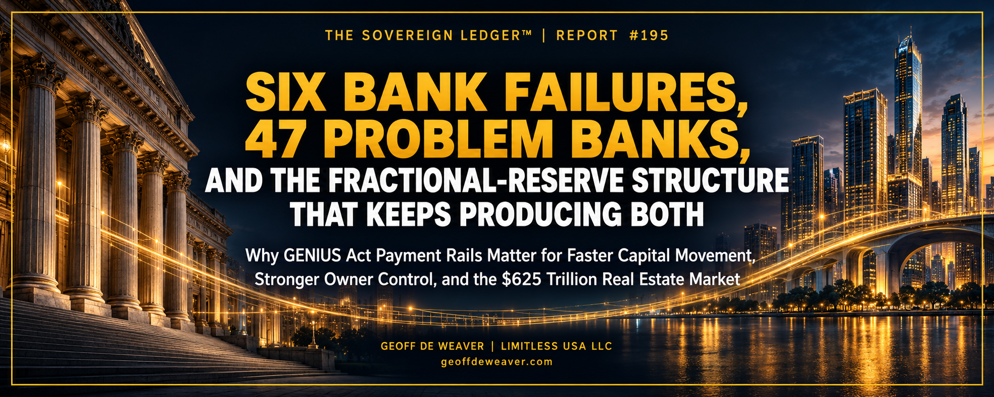 The Sovereign Ledger™ Entry #195 header image: from bank columns to digital skylines